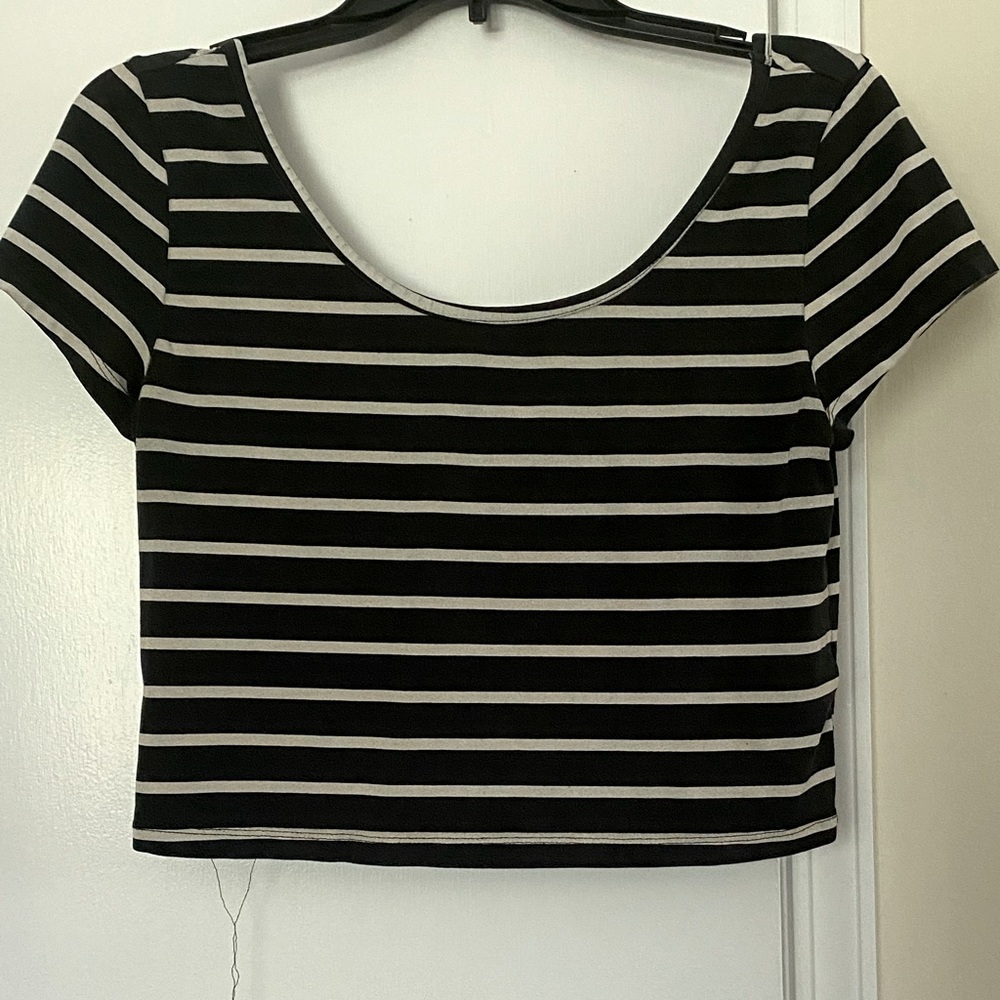 Scoop Neck Black and White Striped Crop Top
